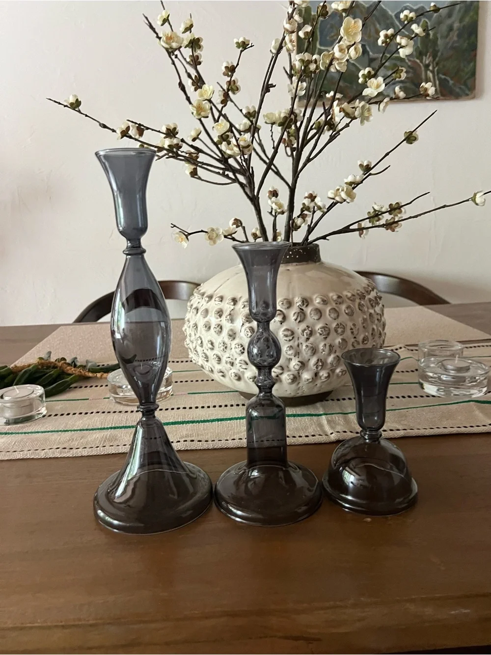 CRATE & BARREL. Smoked Blue Glass Taper Candle Holders - Set of 3